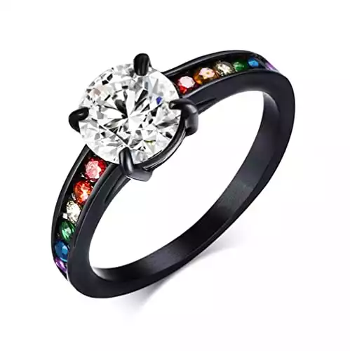 Dreamy Black Main Gem Rainbow Ring - Gay & Lesbian Pride Ring