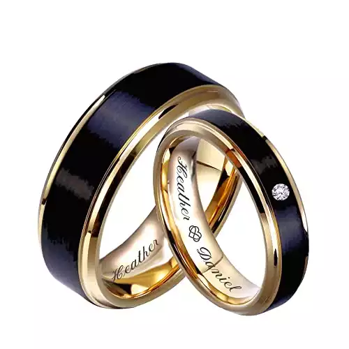 Personalized Black & Gold Stainless Steel Couple's Ring Set - Custom Engraved
