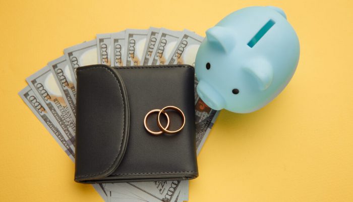 Save money for honeymoon, wedding trip. Blue piggy bank with rings on wallet with money.